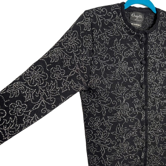 Vintage Angelli Zephyr Wool Black & Silver Floral Knit Cardigan - Picture 2 of 13